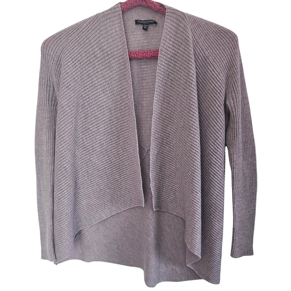 Eileen Fisher Petite Medium Mauve Ribbed Open Front Draped Cardigan Italian Yarn